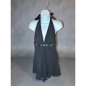 Black Halter Neck Mini Dress With Sequined Waistband & Flowy Hem S Express